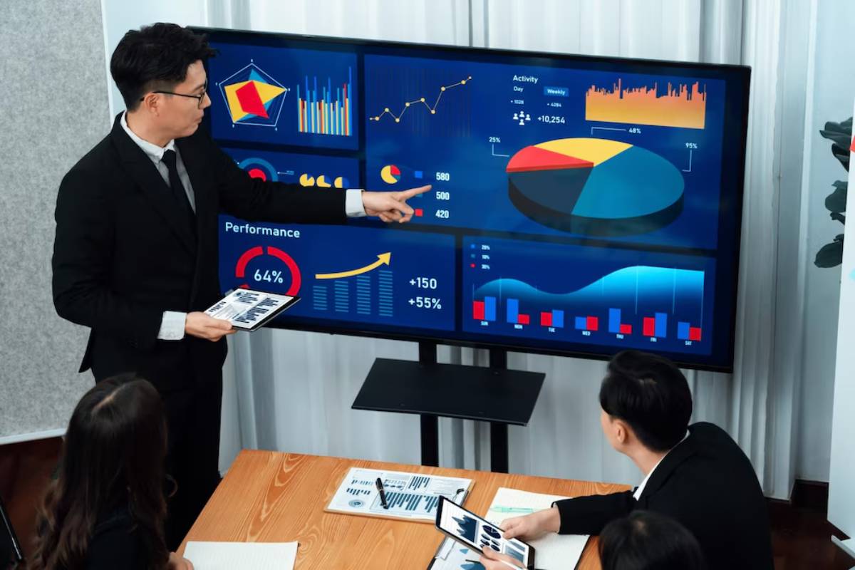 A man presents financial data on a large screen to colleagues in a modern office setting.
