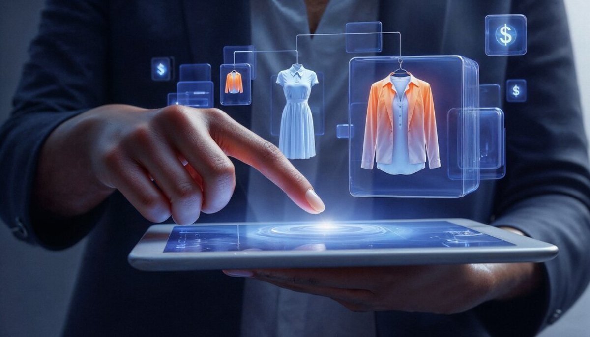 Person using a futuristic, interactive touchscreen displaying virtual clothing items for online shopping.