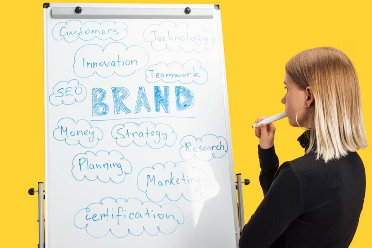 Woman with pen thinking beside a whiteboard with words like 'Brand', 'Innovation', and 'Strategy' related to business planning.