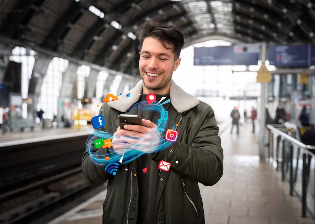 Man smiling at phone with social media icons swirling around him at a train station.