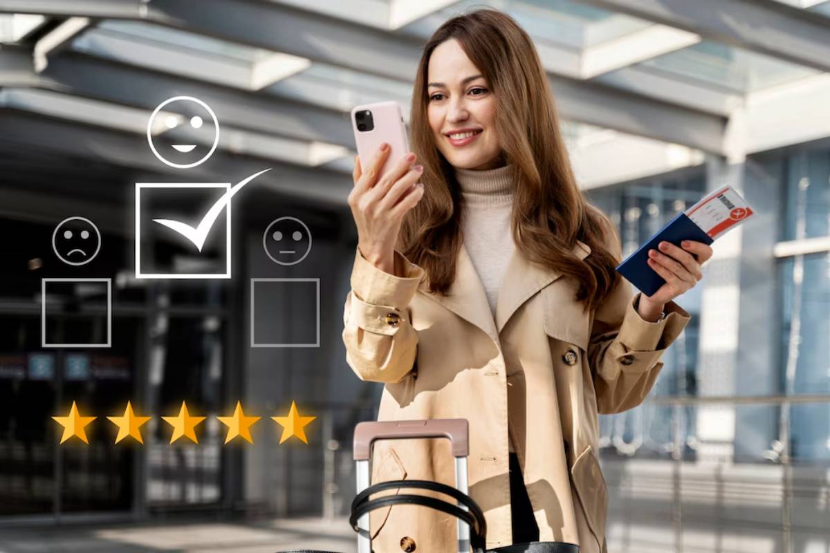Woman in airport, smiling while using smartphone, holding passport, with customer satisfaction icons and ratings displayed.