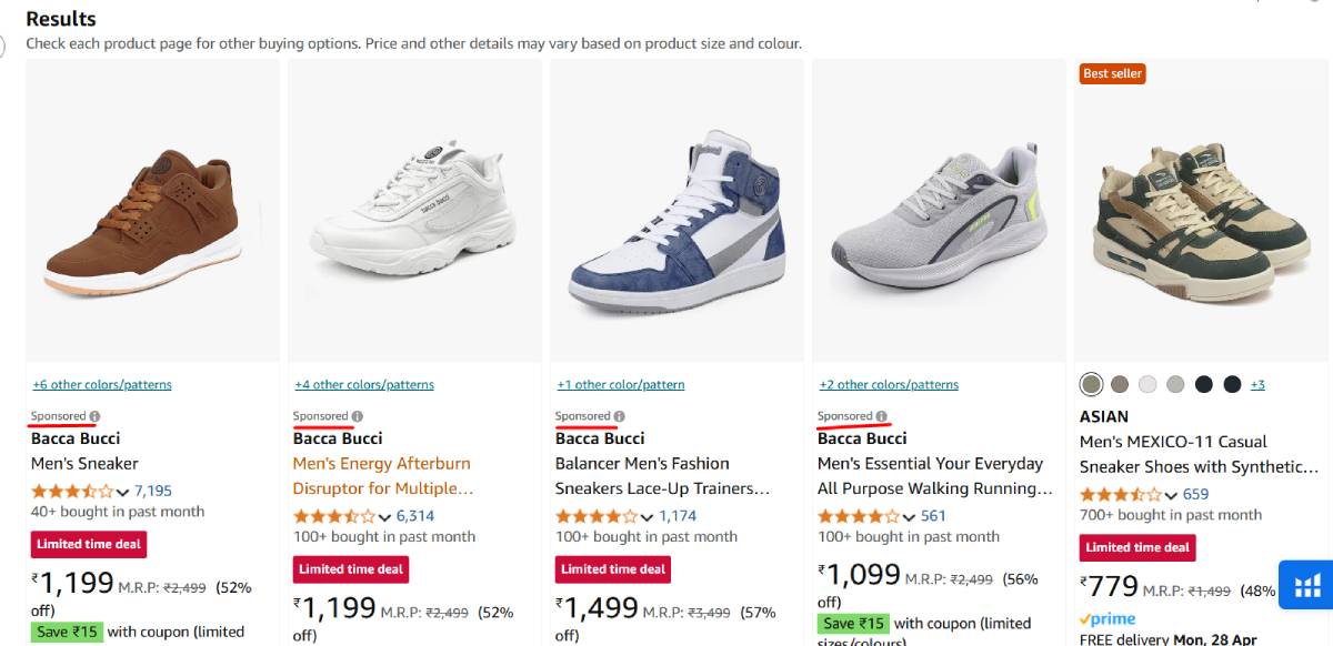 Screenshot of an online shoe store displaying various men's sneakers with prices, discounts, and purchase numbers.