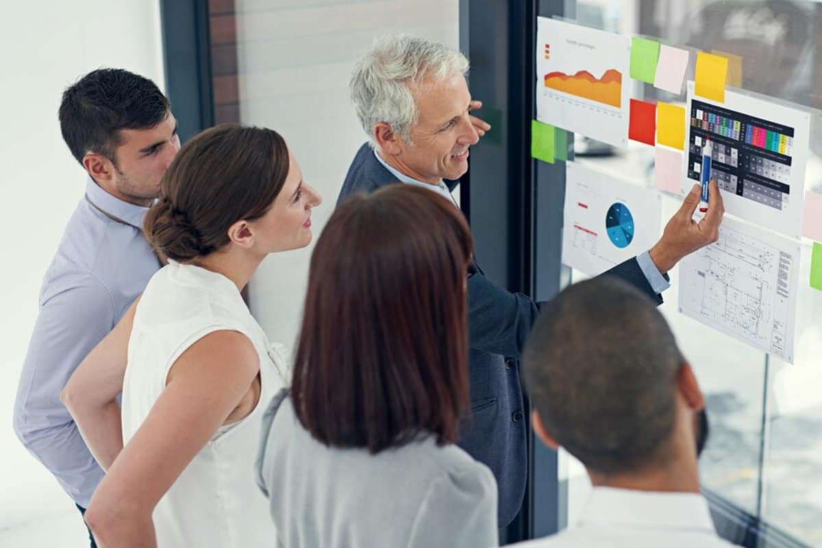 Five professionals discussing charts and data on a glass wall in a modern office.