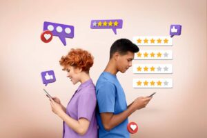 Two young people standing back-to-back, using smartphones with social media icons and rating stars floating around them.