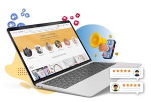 Online shopping concept, depicting a laptop screen showing a Halloween Shop page while icons of reviews, likes, and megaphone amplify marketing engagement.