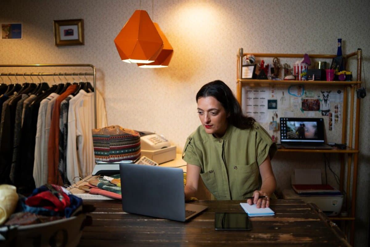 Woman working on laptop in a cozy, cluttered room with vintage decor and clothing rack.